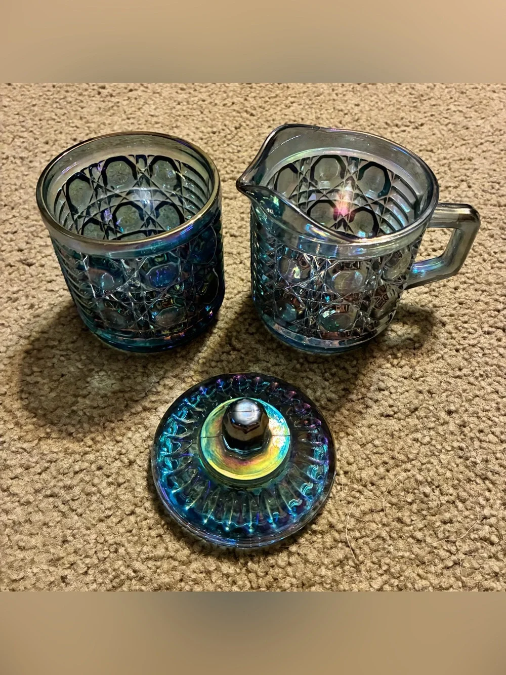 Vintage Iridescent Blue Indiana Carnival Windsor Glass Creamer & Sugar Bowl Set